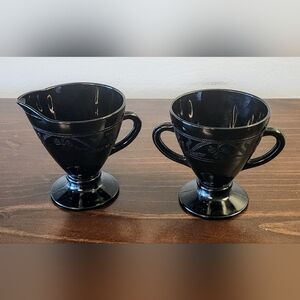 Vintage Hazel Atlas Black Depression Glass Cream & Sugar Bowls Cloverleaf 1930s
